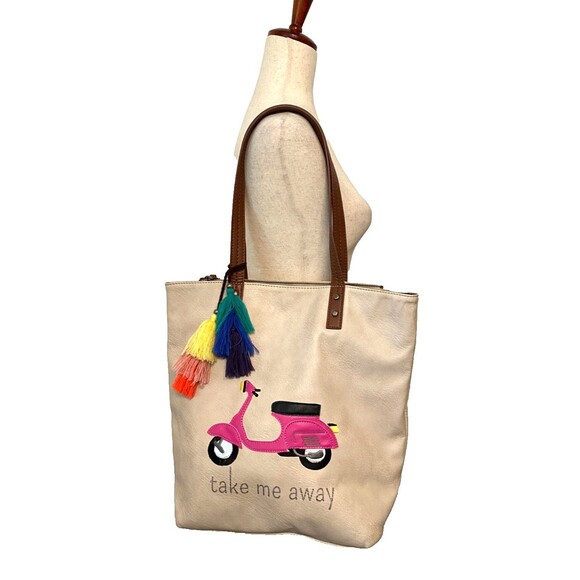 The SAK Palisade Take Me Away Tote Bag Shoulder Purse Pink Vespa Scooter Tassels - Picture 1 of 15